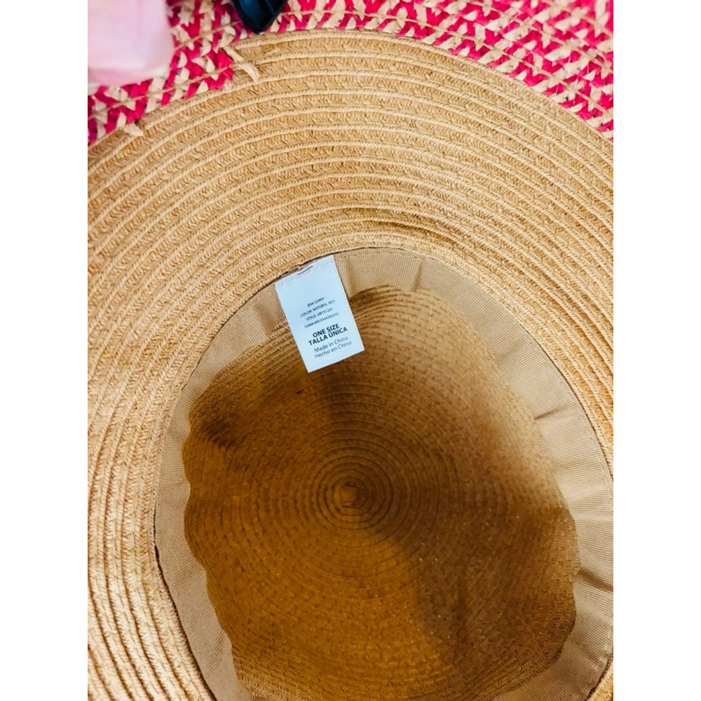 Boho Beige Red Straw Sun Hat One Size - Picture 2 of 6